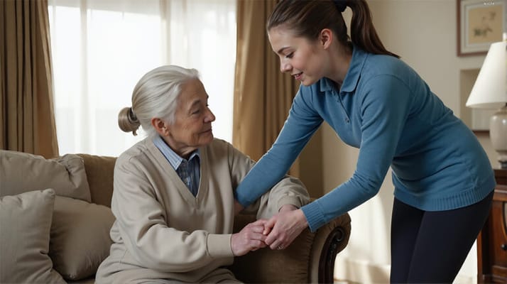A caregiver assisting an elderly resident indoors