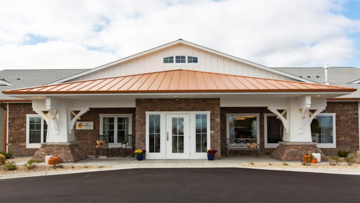Exterior view of a assisted living facility entrance
