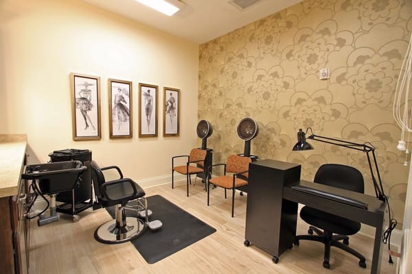 Inside the beauty salon with styling stations