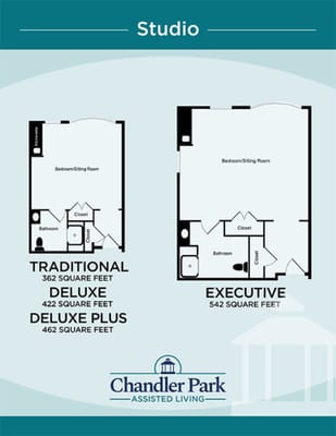 Architectural floor plan of studio options