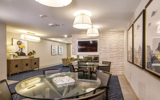 A common area with modern furniture and decor