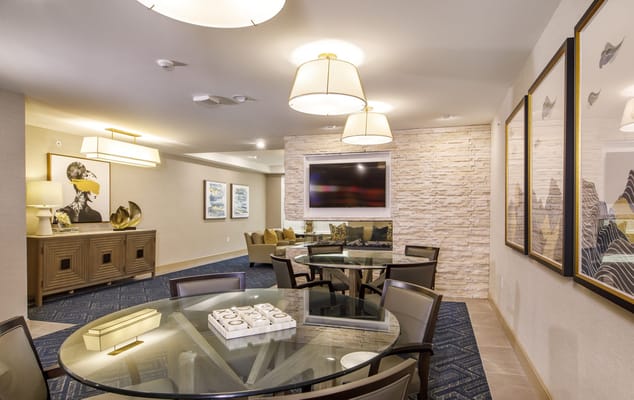 A common area with modern furniture and decor