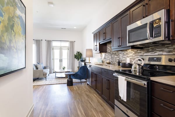Modern kitchen in a bright assisted living apartment