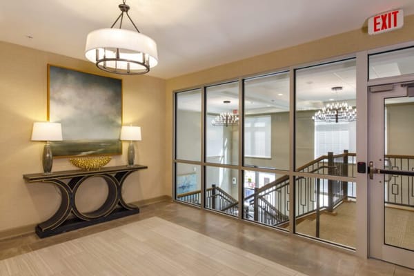 Bright and welcoming lobby area with chandeliers