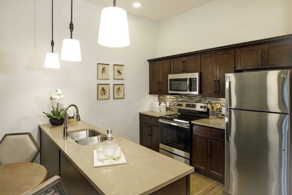 Modern kitchen interior with stainless steel appliances