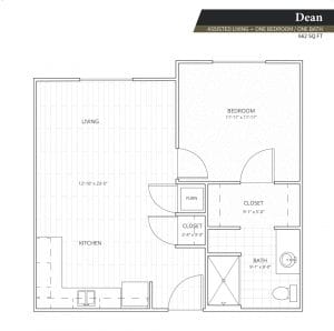 Floor plan of a one-bedroom assisted living unit