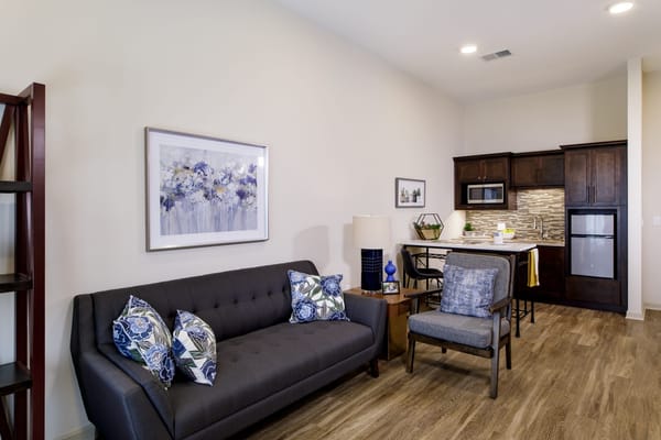 Cozy interior of a private resident room with kitchen