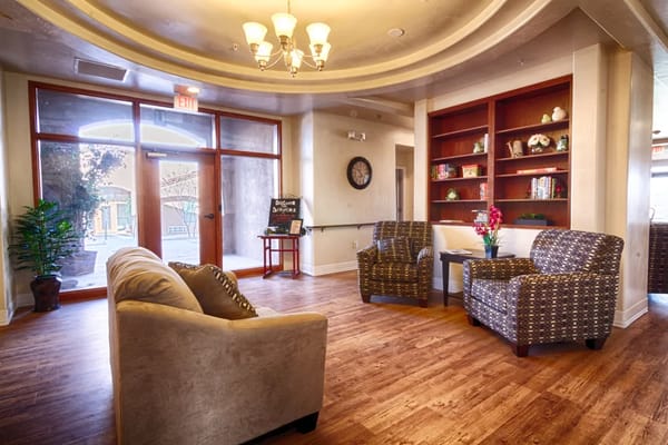 Comfortable lounge area with seating and shelves