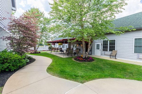 Pathway leading to a shaded outdoor seating area