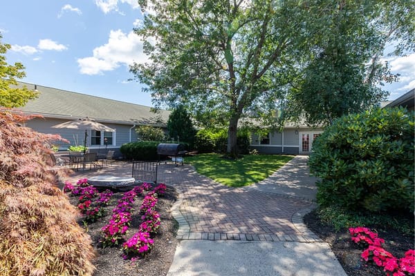 Beautiful outdoor courtyard with flowers and seating