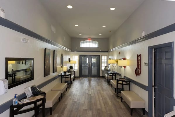 Bright lobby area with seating and natural light