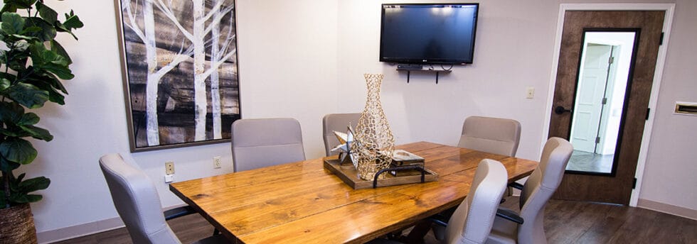 Bright, modern conference room set up for meetings