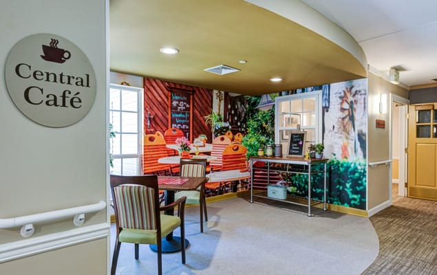Interior view of a café with tables and chairs