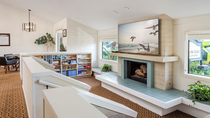 Interior view of a lounge area with a fireplace