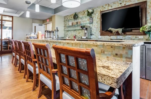 View of the kitchen bar area with wooden chairs and granite countertop