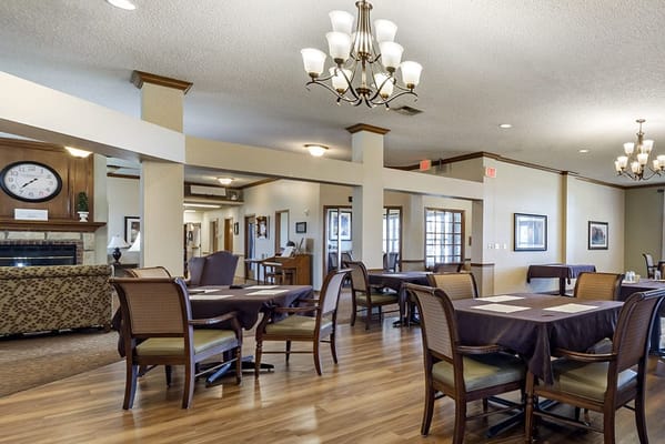 Bright dining room with tables and chairs