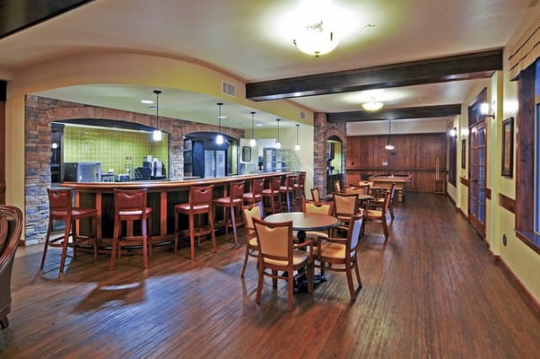 Interior view of the dining area with wooden furniture