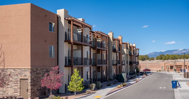 Exterior of Las Soleras Senior Living Facility showing apartments