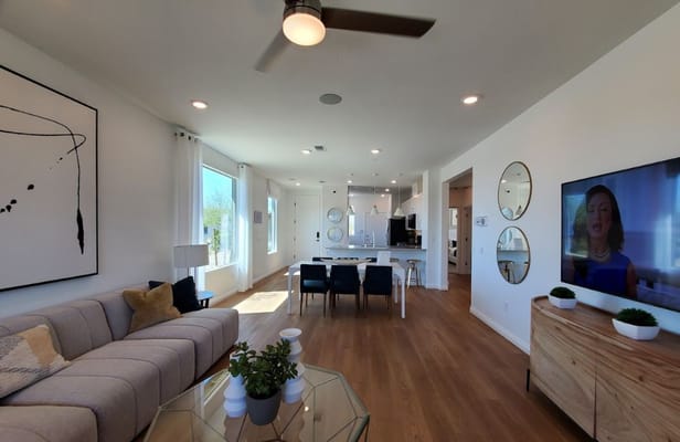 Bright common area with modern furniture