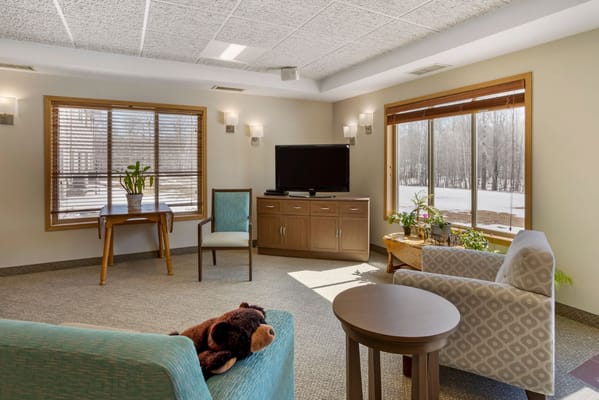 Cozy living room with a TV, armchairs, and a view of the outdoors.