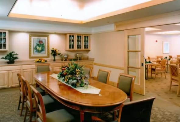 Interior view of a dining room with a large table