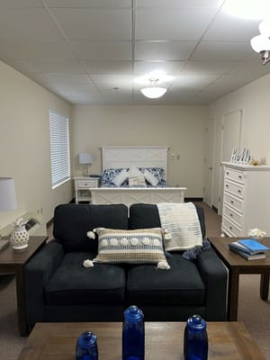 Living room with dark couch, decorative pillows, and a spacious layout