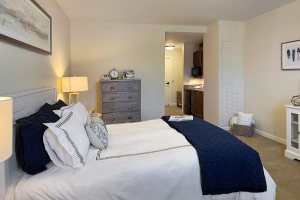 Cozy bedroom setup with a bed, dresser, and kitchenette.