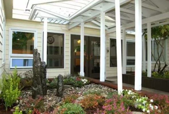 Entrance area with landscaping and architectural features