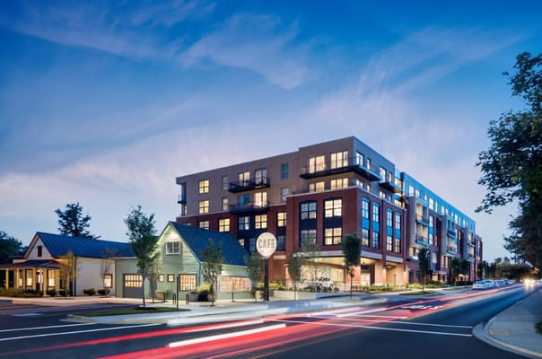 Exterior view of a senior living facility with modern architecture