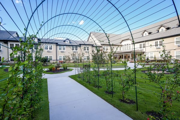 Garden pathway with landscaped areas and building in background