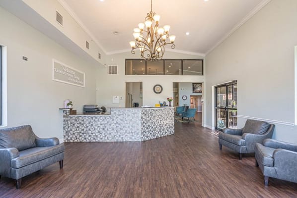 Lobby area with a reception desk and seating