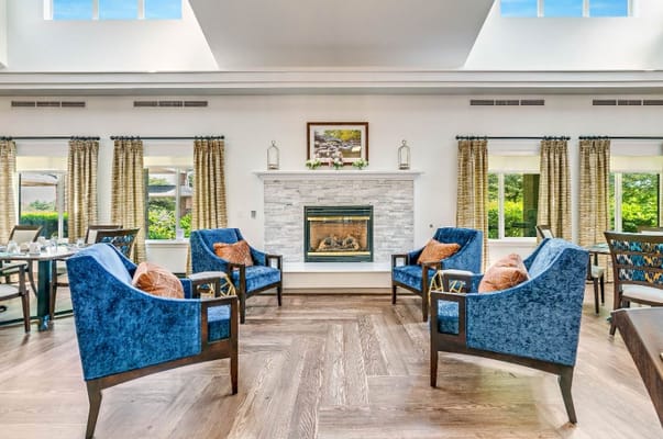 Interior view of a cozy common area with seating