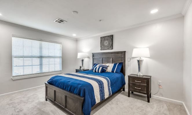 Modern bedroom with blue bedding and natural light