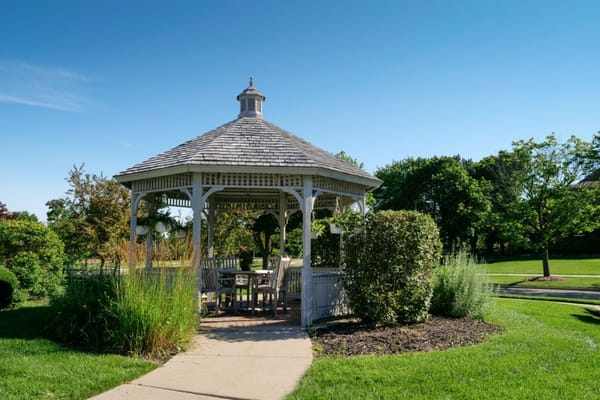 Gazebo with seating surrounded by greenery