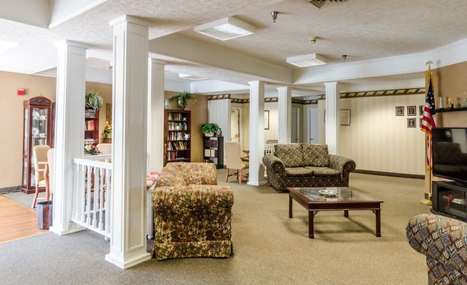 Comfortable seating area with sofas and a coffee table