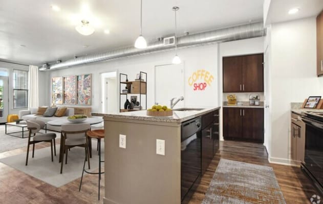 Modern interior of a community space with coffee shop