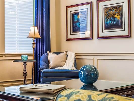 Cozy interior lounge with blue decor