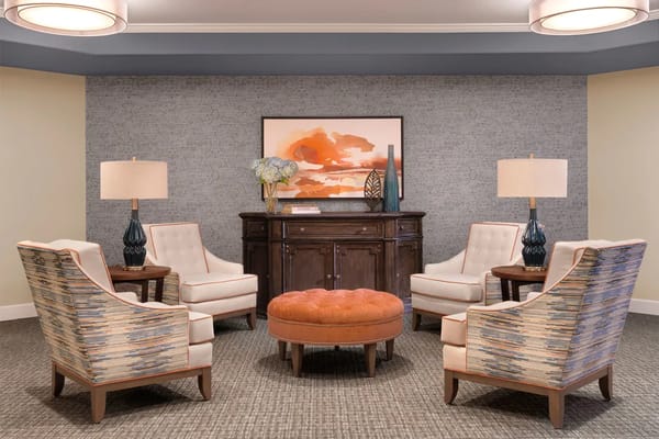 Cozy lobby seating area with stylish furniture