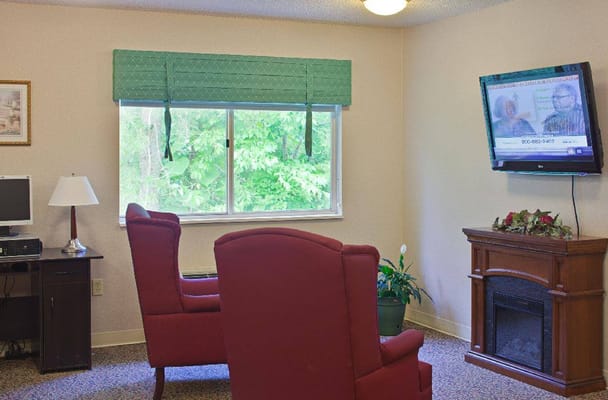 Living room with two red chairs, a TV, and a window overlooking greenery.