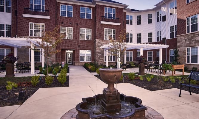 Courtyard with seating and a fountain
