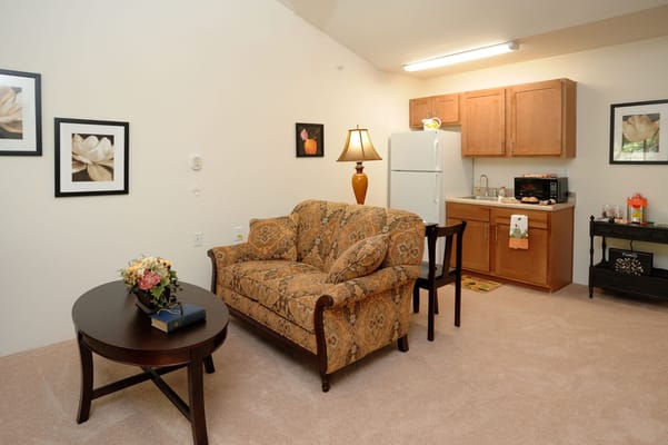 A comfortable living room with a sofa, coffee table, and kitchenette