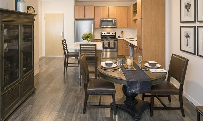 Modern dining area in a senior living apartment