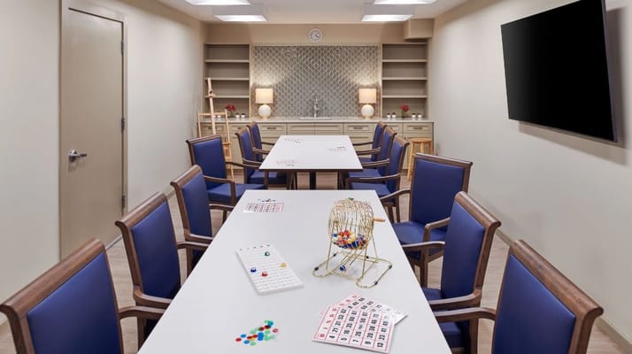 Activity room with tables set for bingo