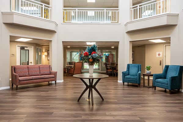 Bright and welcoming common area with seating