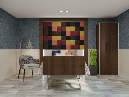 Bedroom with hospital bed, chair, and decorative window treatment