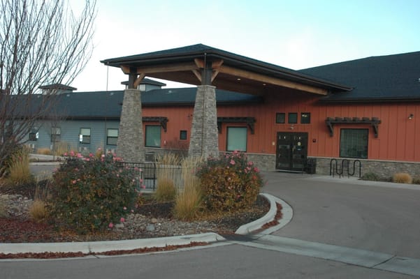 Exterior view of a senior living facility entrance