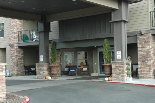 Exterior view of the entrance with potted plants