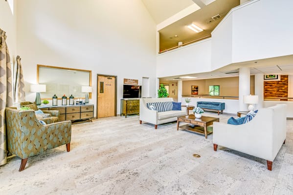 Bright, spacious common area with seating