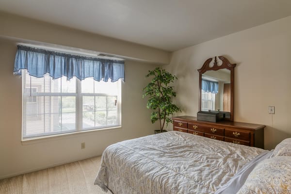 Cozy bedroom with dresser and large window