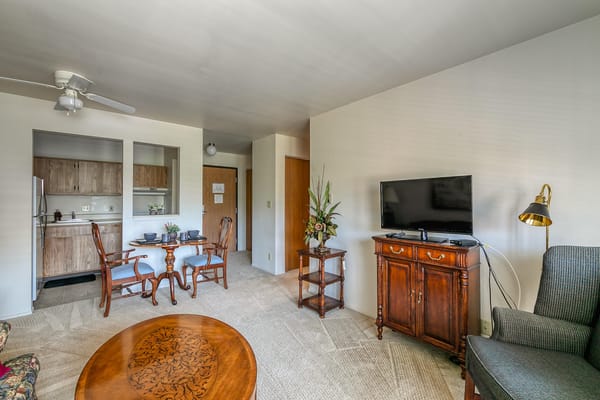 Cozy interior of a private resident room with furniture